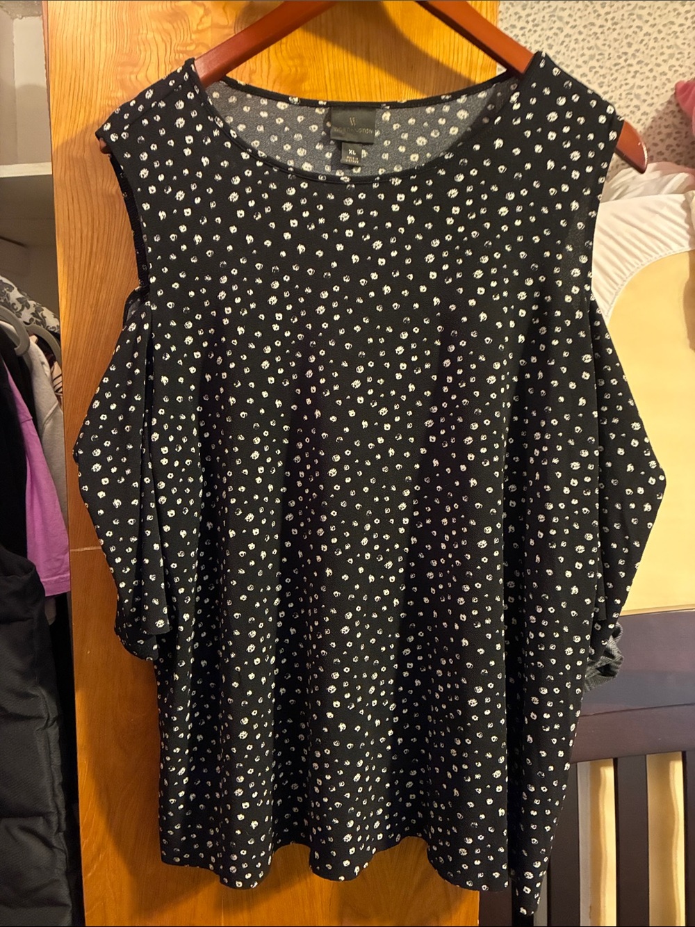 Worthington Black Cold-Shoulder Dot Blouse